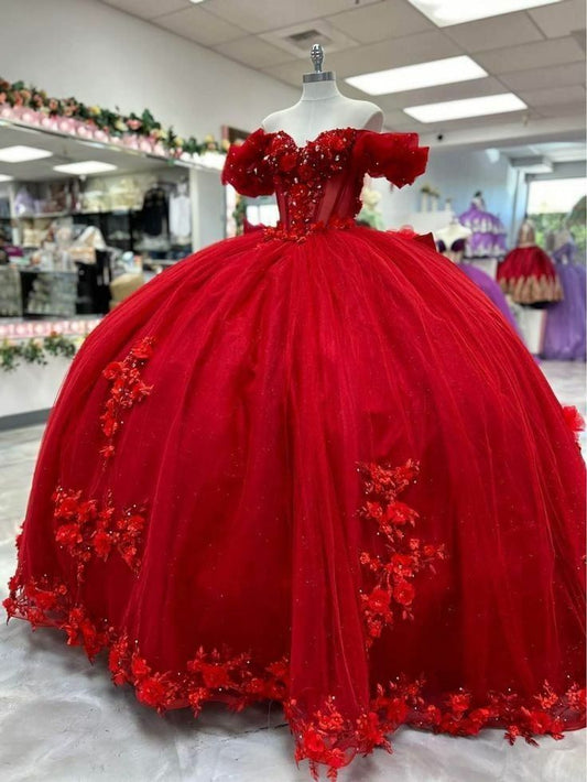 Cute Quinceanera Dresses Ball Gown Off The Shoulder Red Tulle Appliques 20th Birthday Gowns Vestidos De 15 Anos Formal Party Long Sweet 16 Dress B615