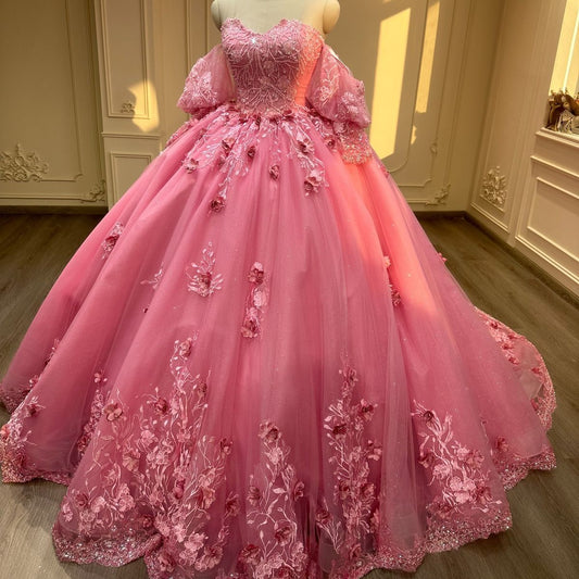 Cute Quinceanera Dresses Ball Gown Off The Shoulder Pink Tulle Appliques 20th Birthday Gowns Vestidos De 15 Anos Formal Party Long Sweet 16 Dress B618