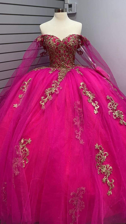 Cute Quinceanera Dresses Ball Gown Off The Shoulder Hot Pink Tulle Appliques 20th Birthday Gowns Vestidos De 15 Anos Formal Party Long Sweet 16 Dress B624