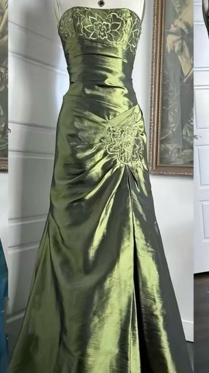 Vintage Mermaid Strapless Olive Green Taffeta Long 1950s Retro Classy Prom Dresses Party Dress 21st Birthday Outfits Graduation Dress B629