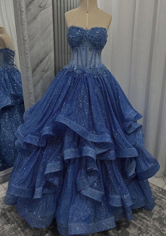 Classy Ball Gown Sweetheart Navy Blue Tulle Prom Dresses Inspiration Party Dress Princess Graduation Dress B633