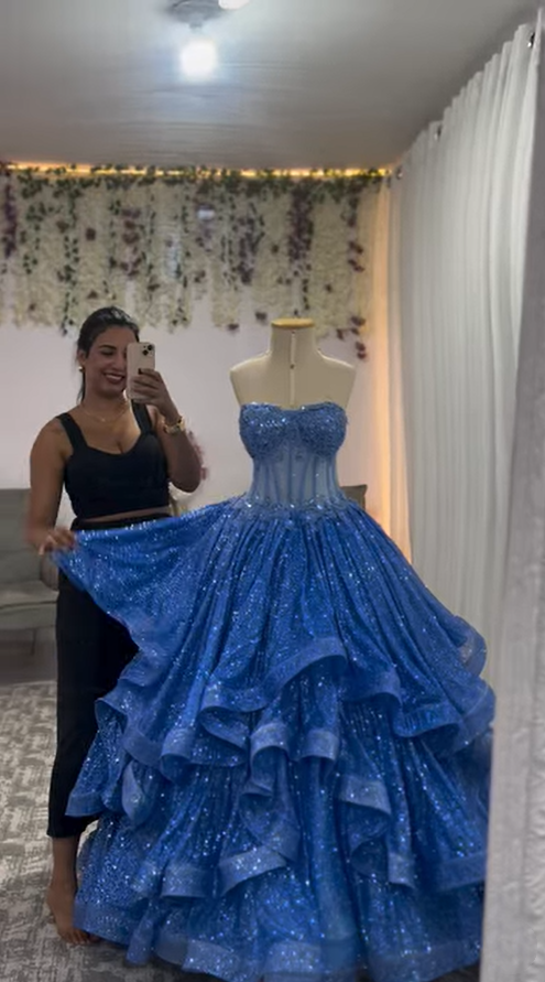 Classy Ball Gown Sweetheart Navy Blue Tulle Prom Dresses Inspiration Party Dress Princess Graduation Dress B633