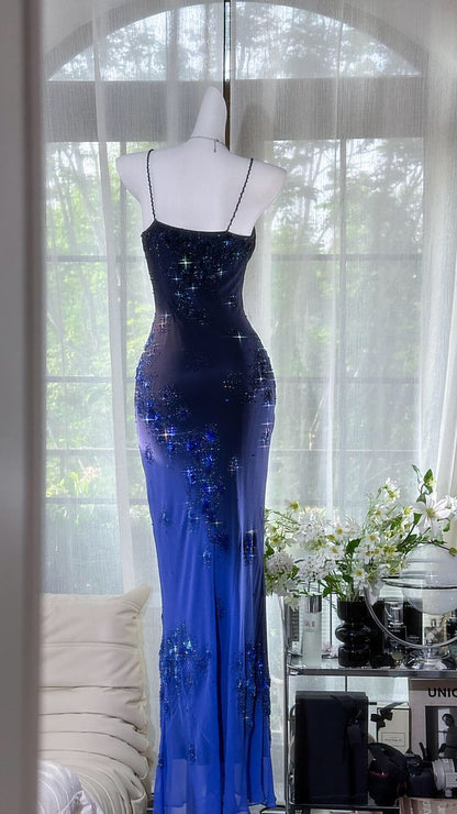 Vintage Mermaid Spaghetti Straps Royal Blue Chiffon Long 1950s Retro Classy Prom Dresses Party Dress 21st Birthday Outfits Graduation Dress B634