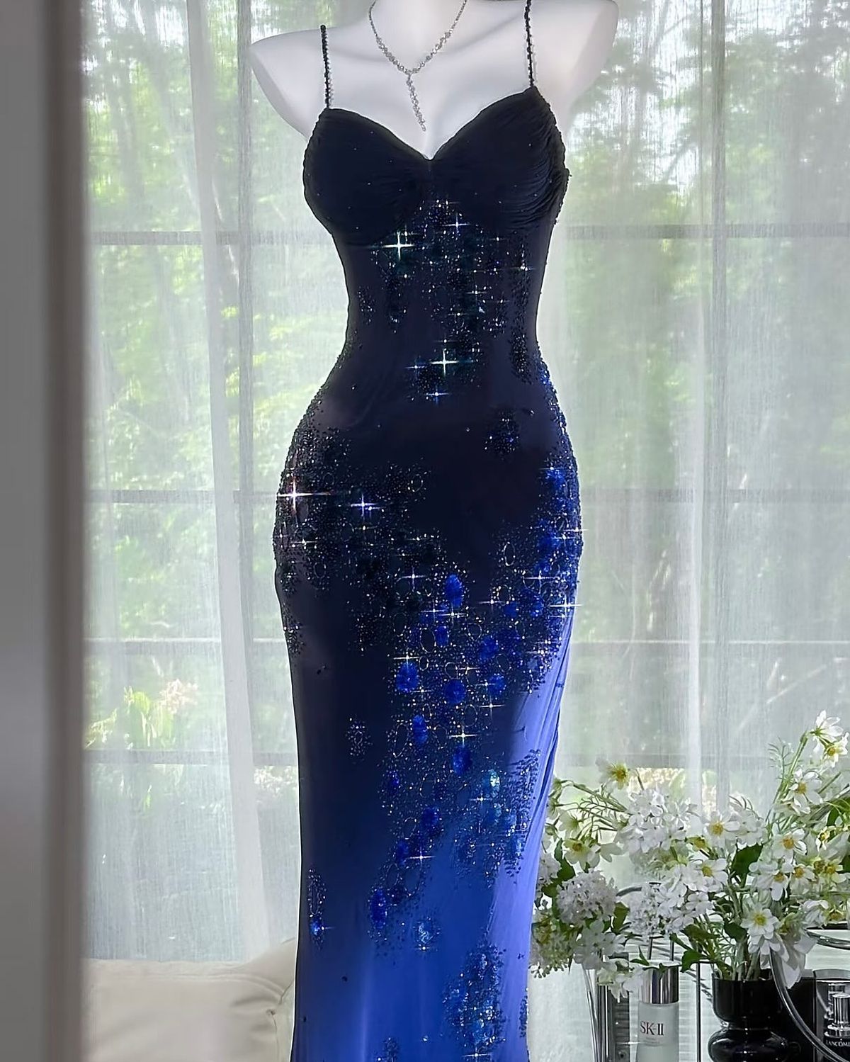Vintage Mermaid Spaghetti Straps Royal Blue Chiffon Long 1950s Retro Classy Prom Dresses Party Dress 21st Birthday Outfits Graduation Dress B634
