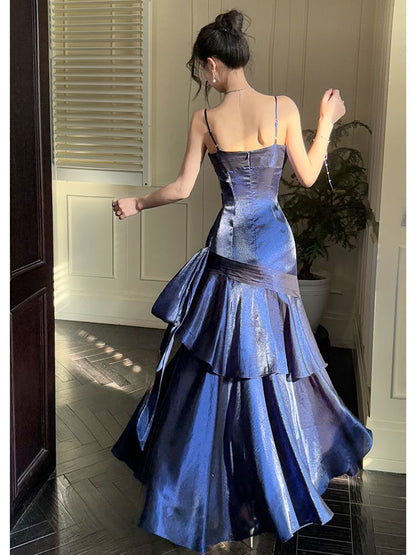 Vintage Mermaid Spaghetti Straps Navy Blue Long 1950s Retro Classy Prom Dresses Party Dress 21st Birthday Outfits Graduation Dress B636