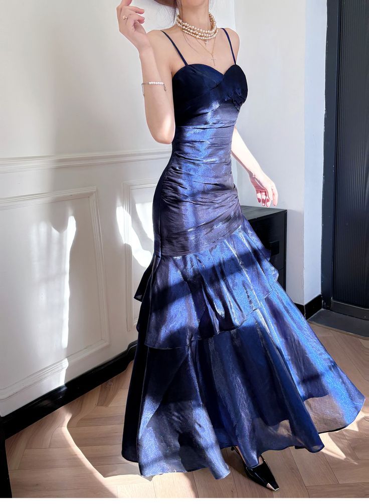 Vintage Mermaid Spaghetti Straps Navy Blue Long 1950s Retro Classy Prom Dresses Party Dress 21st Birthday Outfits Graduation Dress B636