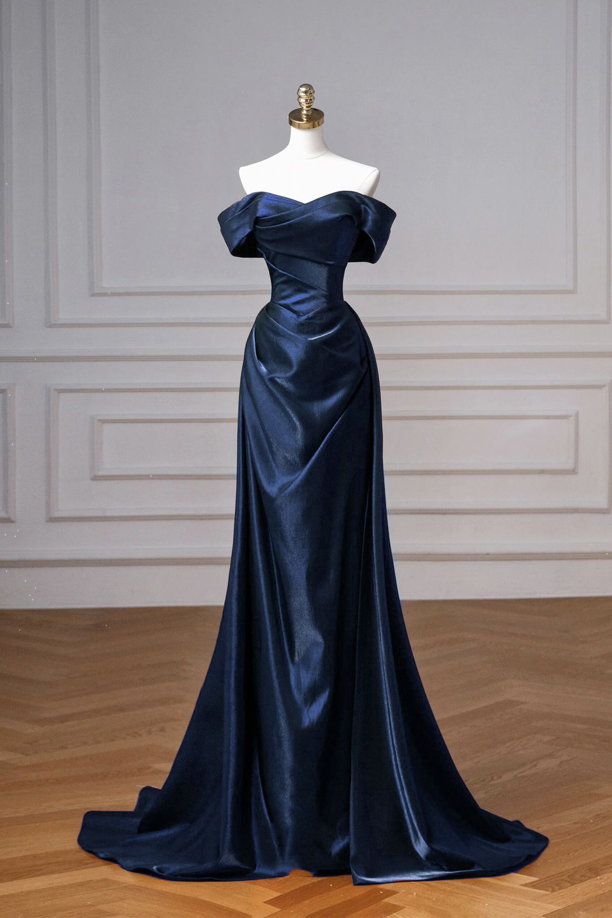 Classy Mermaid Off The Shoulder Satin Navy Blue Prom Dresses Inspiration Party Dress Princess Graduation Dress B640