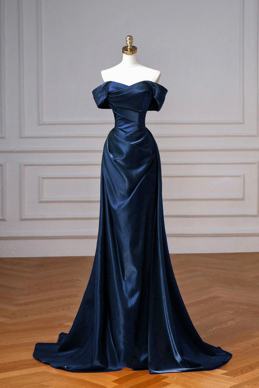 Classy Mermaid Off The Shoulder Satin Navy Blue Prom Dresses Inspiration Party Dress Princess Graduation Dress B640