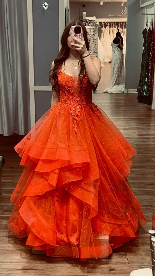 Classy Ball Gown Spaghetti Straps Orange Lace Tulle Prom Dresses Inspiration Party Dress Princess Graduation Dress B644