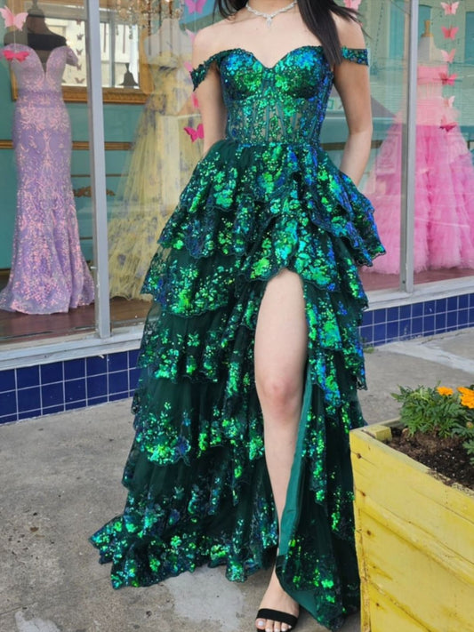 Charming Ball Gown Off The Shoulder Green Sequin Lace Prom Dresses Inspiration Slit Party Dress Princess Graduation Dress B647