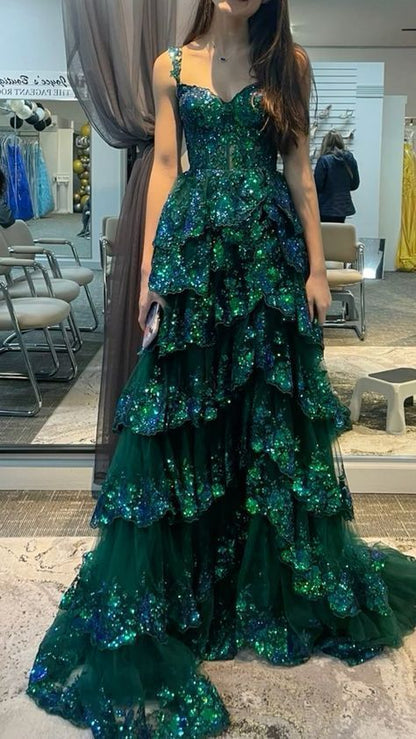 Charming Ball Gown Off The Shoulder Green Sequin Lace Prom Dresses Inspiration Slit Party Dress Princess Graduation Dress B647