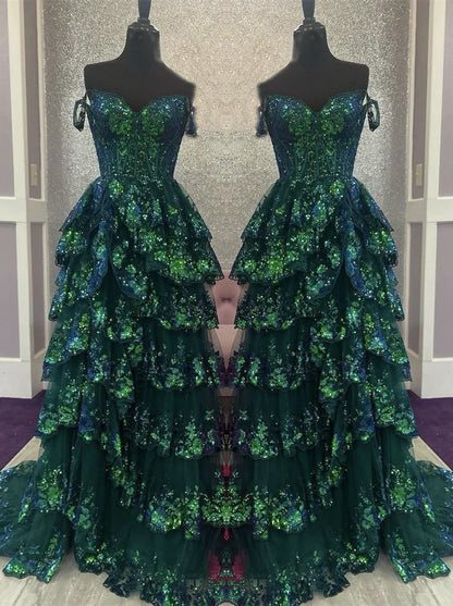 Charming Ball Gown Off The Shoulder Green Sequin Lace Prom Dresses Inspiration Slit Party Dress Princess Graduation Dress B647