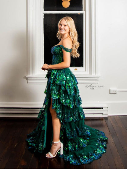 Charming Ball Gown Off The Shoulder Green Sequin Lace Prom Dresses Inspiration Slit Party Dress Princess Graduation Dress B647