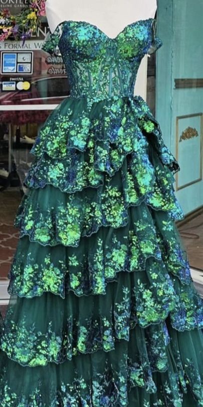 Charming Ball Gown Off The Shoulder Green Sequin Lace Prom Dresses Inspiration Slit Party Dress Princess Graduation Dress B647
