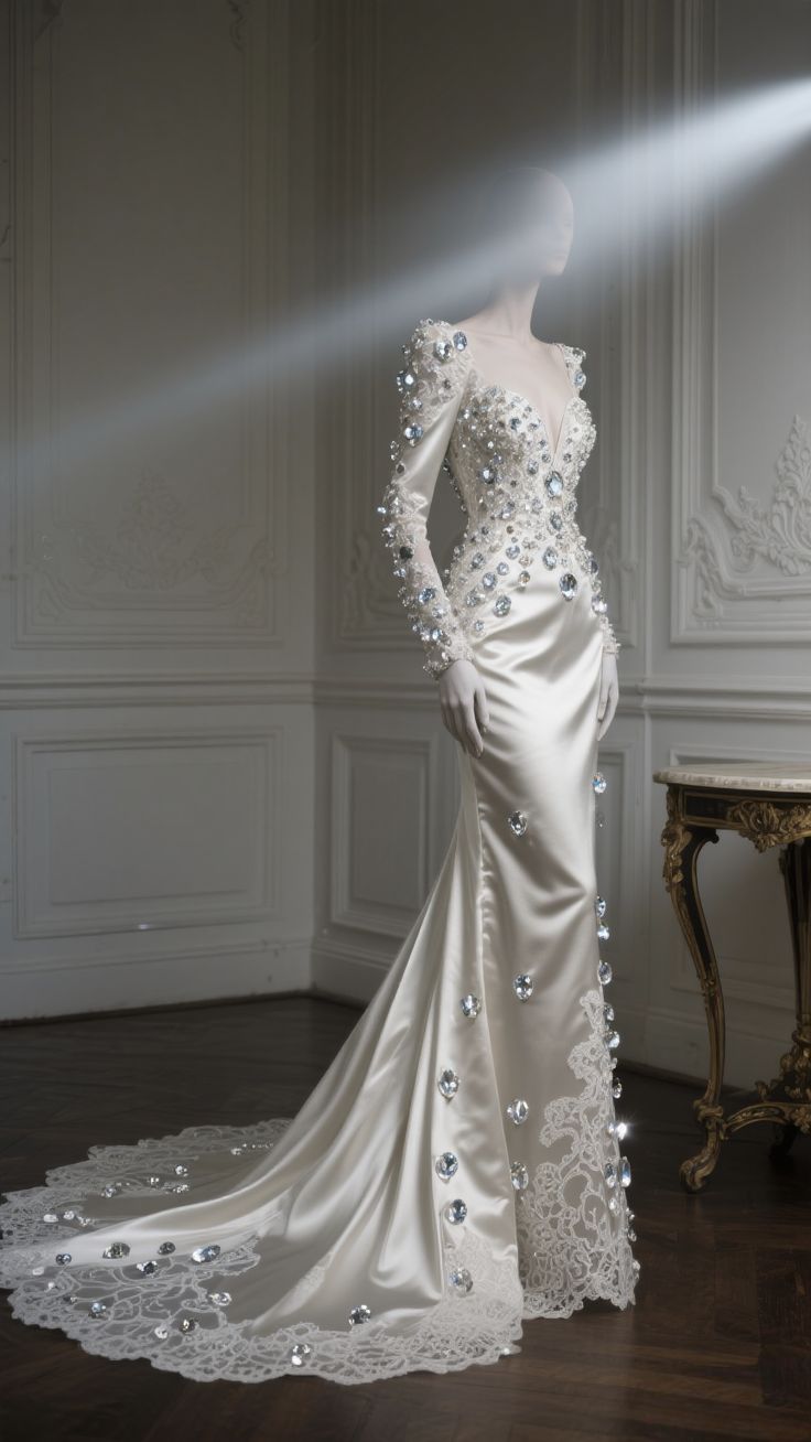 Dreamy Mermaid Sweetheart Long Satin Silver Beads Wedding Dress Fairy Formal Wedding Dresses B65