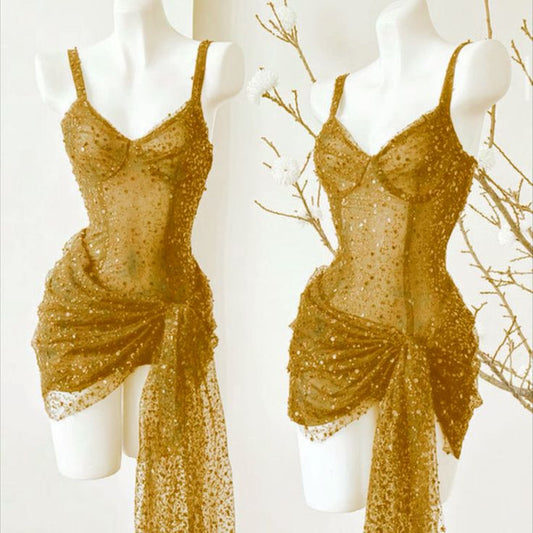 Sexy Sheath Spaghetti Straps Gold Sequin Short 16th Birthday Dress Homecoming Dresses Cocktail Gown B661