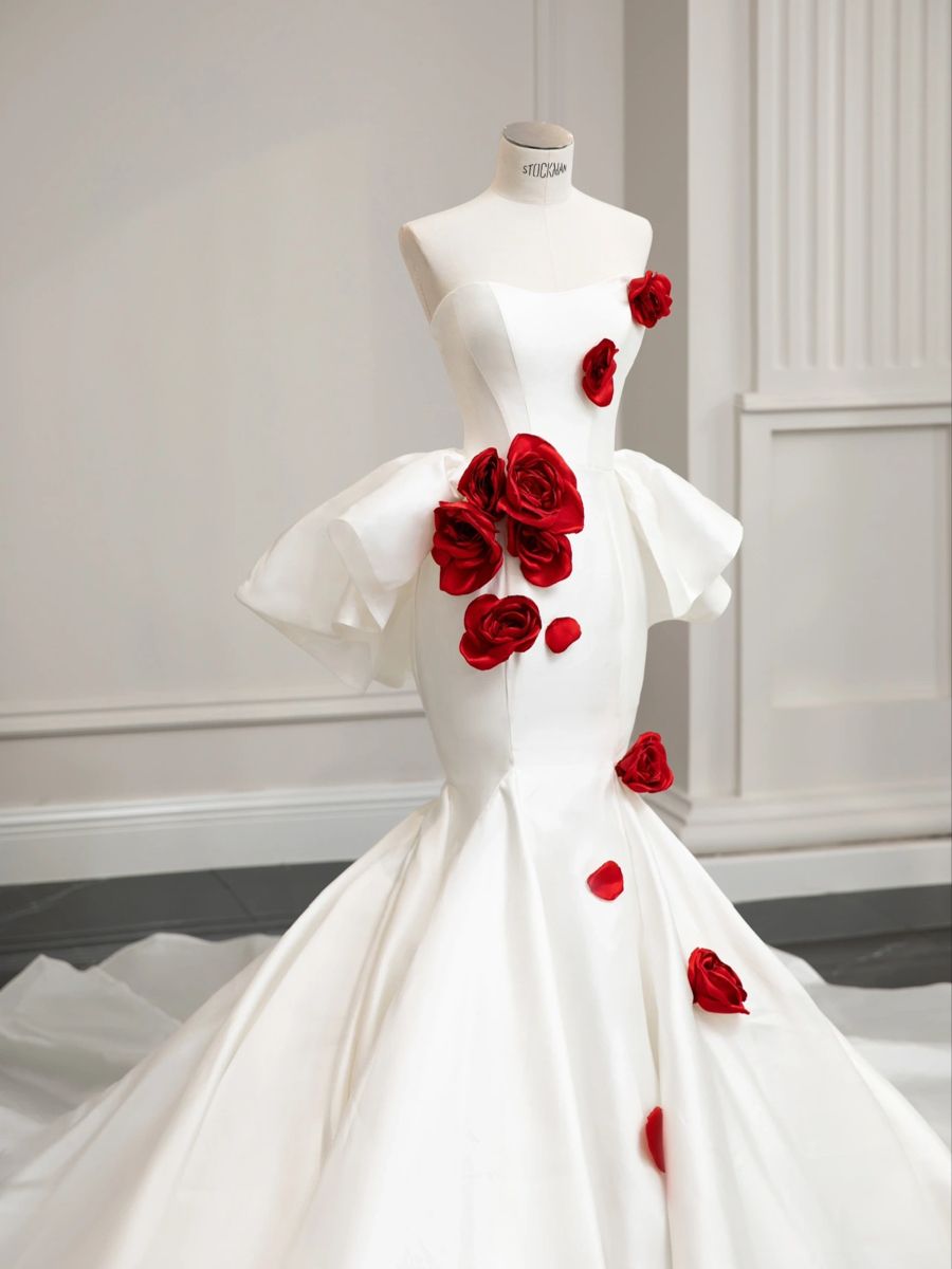 Dreamy Mermaid Sweetheart Long Satin Red Flowers Wedding Dress Fairy Formal Wedding Dresses B67