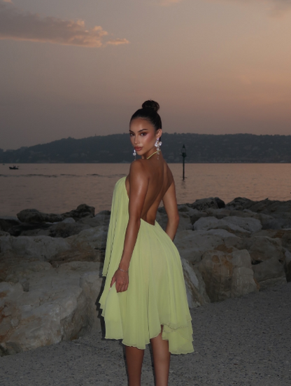 Cute A line Halter Yellow Chiffon Short 25th Birthday Dress Homecoming Dresses Cocktail Outfits B674