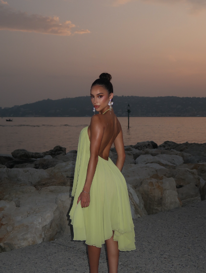 Cute A line Halter Yellow Chiffon Short 25th Birthday Dress Homecoming Dresses Cocktail Outfits B674