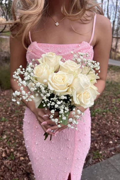 Modest Mermaid Spaghetti Straps Sequin Pink Slit Long Prom Dresses Party Dress 21st Birthday Outfits Graduation Dress B680