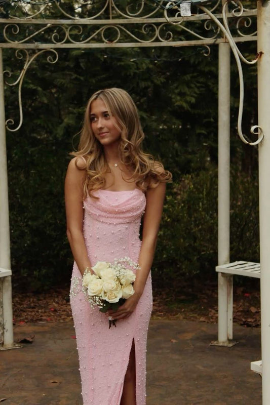 Modest Mermaid Spaghetti Straps Sequin Pink Slit Long Prom Dresses Party Dress 21st Birthday Outfits Graduation Dress B680