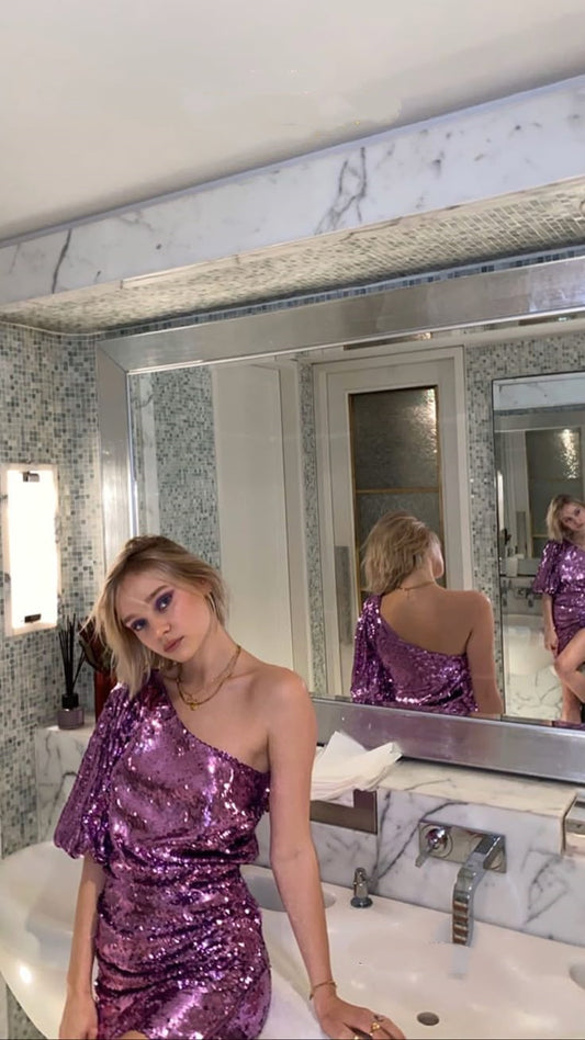 Sexy Sheath One Shoulder Grape Sequin Short 16th Birthday Dress Middle School Homecoming Dresses Cocktail Gown B687
