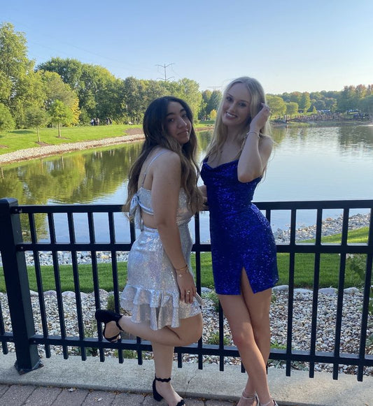 Sexy Sheath Spaghetti Straps Royal Blue Sequin Short 16th Birthday Dress Homecoming Dresses Cocktail Gown RB030