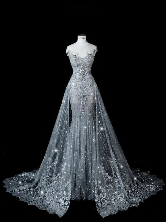 Dreamy Mermaid Scoop Neck Silver Sequin Long Wedding Dress Fairy Formal Wedding Dresses B74