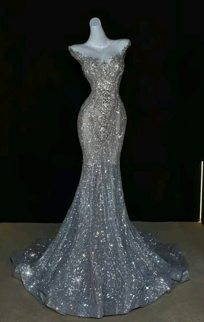 Dreamy Mermaid Scoop Neck Silver Sequin Long Wedding Dress Fairy Formal Sparkly Wedding Dresses B75
