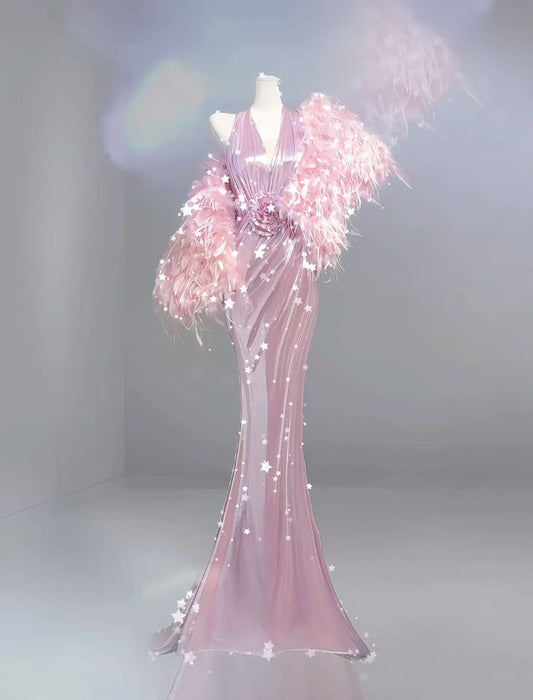 Elegant Mermaid Halter Pink Sleeveless Long Floor Length Prom Dress Inspiration Prom Dresses B76