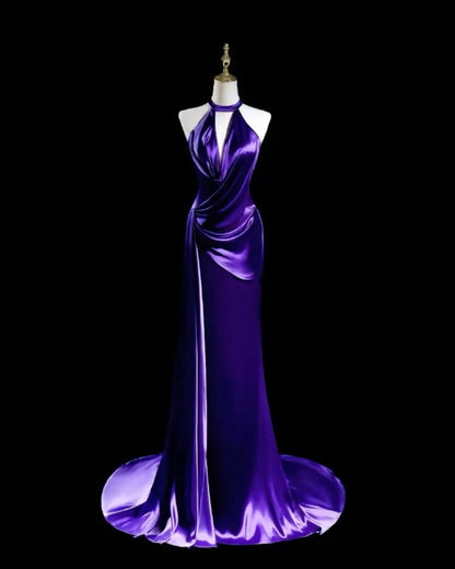 Elegant Mermaid Halter Grape Satin Long Floor Length Prom Dress Inspiration Prom Dresses B78