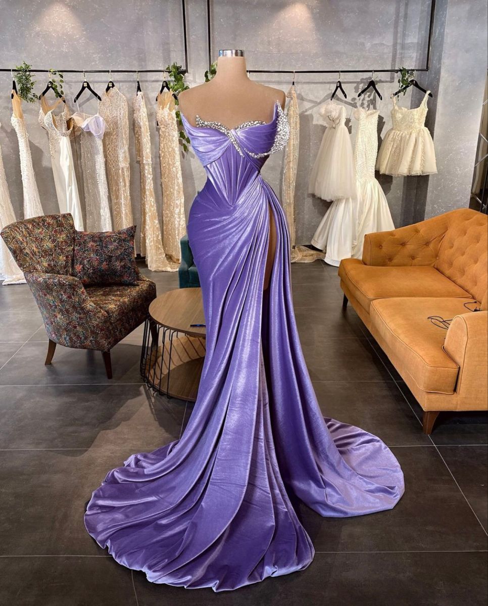 Elegant Mermaid Sweetheart Lilac Velvet Long Floor Length Prom Dress Inspiration Slit Prom Dresses B79