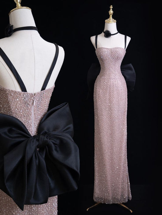 Elegant Sheath Spaghetti Straps Pink Sequin Long Floor Length Prom Dress Inspiration Prom Dresses B84