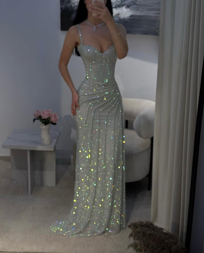 Elegant Mermaid Spaghetti Straps Silver Sequin Long Floor Length Prom Dress Inspiration Prom Dresses B88