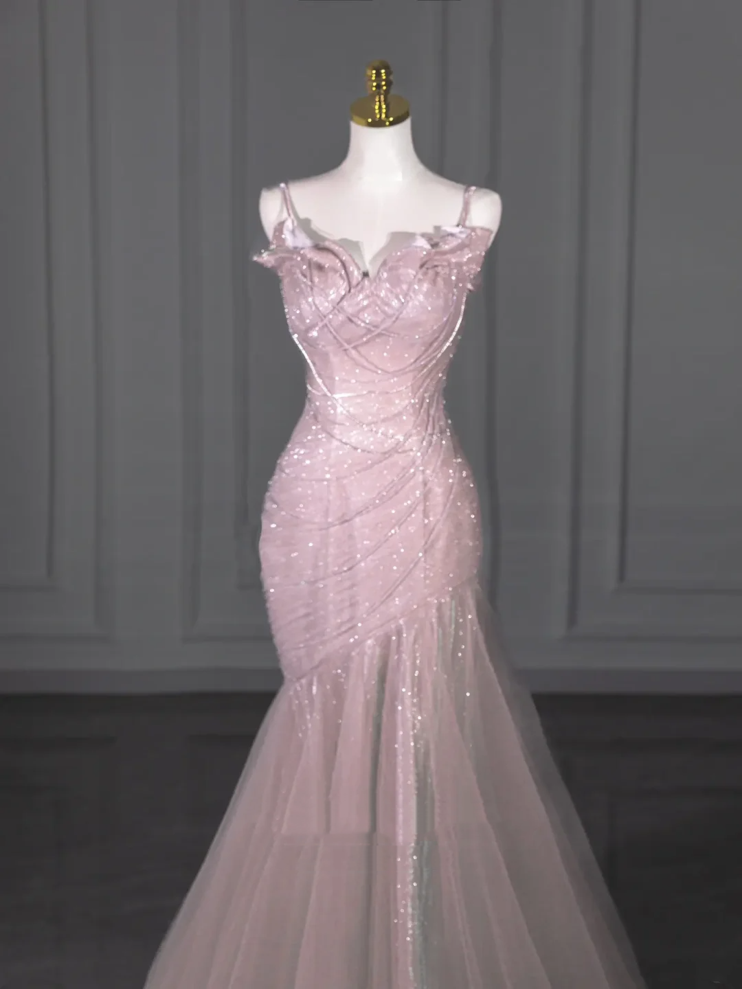 Elegant Mermaid Spaghetti Straps Pink Sequin Long Floor Length Prom Dress Inspiration Prom Dresses B89