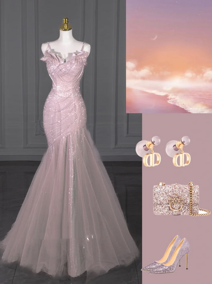 Elegant Mermaid Spaghetti Straps Pink Sequin Long Floor Length Prom Dress Inspiration Prom Dresses B89