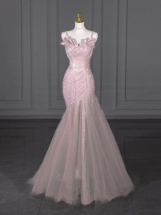 Elegant Mermaid Spaghetti Straps Pink Sequin Long Floor Length Prom Dress Inspiration Prom Dresses B89