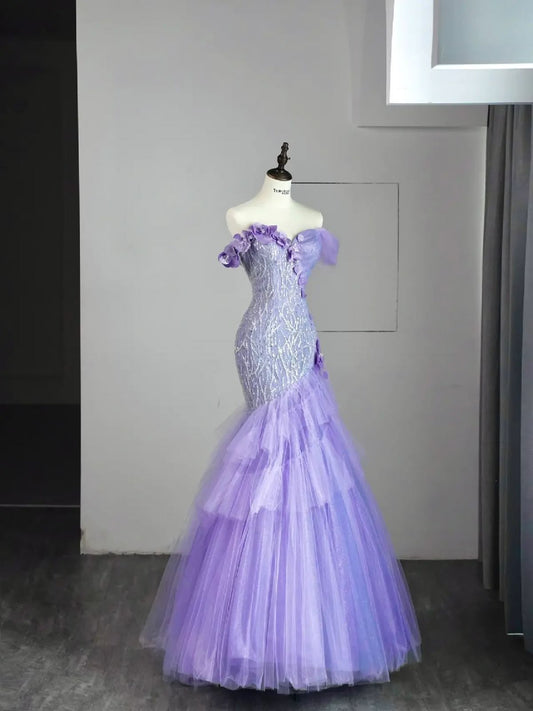 Elegant Mermaid Off The Shoulder Lilac Tulle Long Floor Length Prom Dress Inspiration Prom Dresses B91