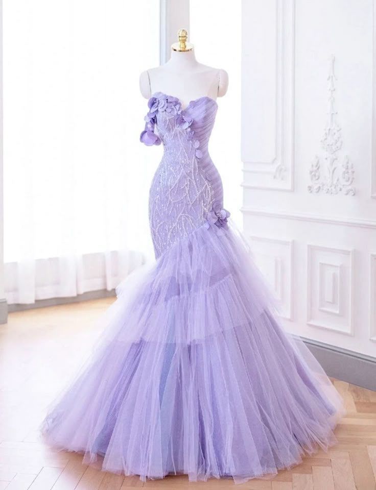 Elegant Mermaid Sweetheart Lilac Tulle Long Floor Length Prom Dress Inspiration Prom Dresses B90