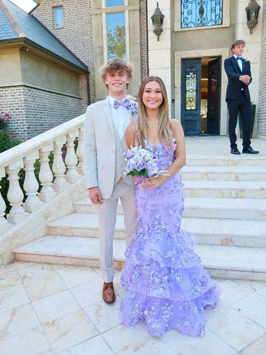 Elegant Mermaid Spaghetti Straps Lilac Tulle Lace Long Floor Length Prom Dress Inspiration Prom Dresses B93