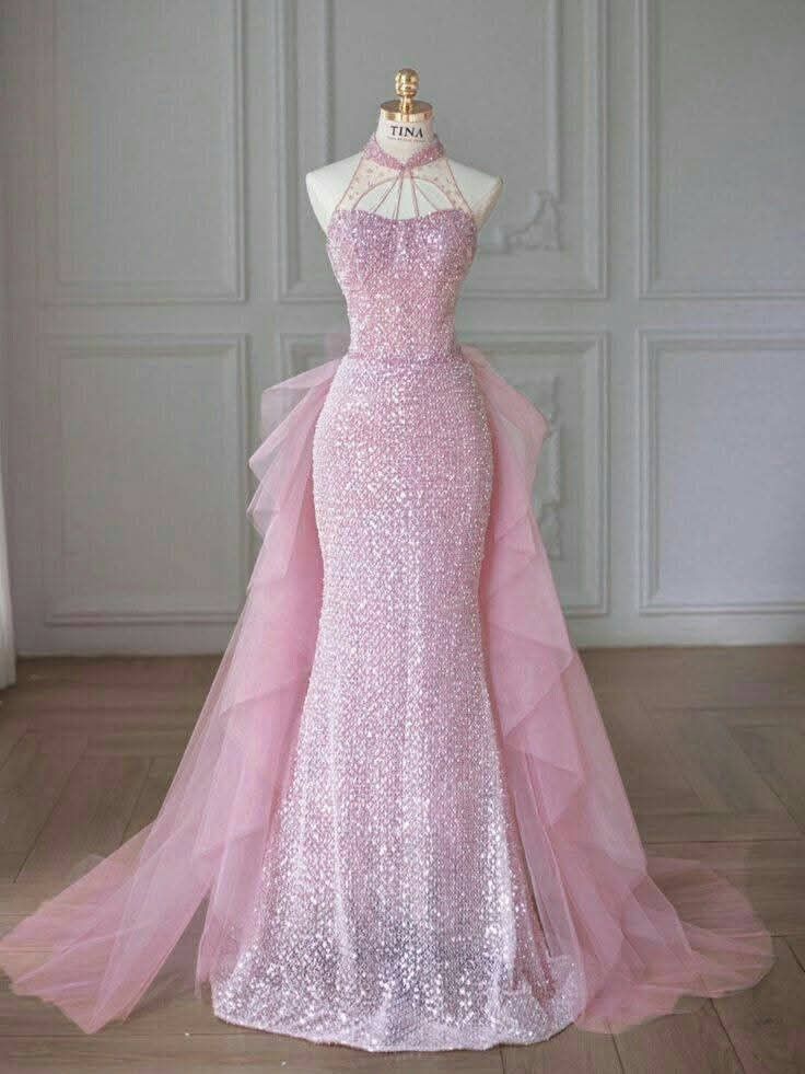 Elegant Mermaid Halter Pink Sequin Sparkly Long Floor Length Prom Dress Inspiration Prom Dresses B94