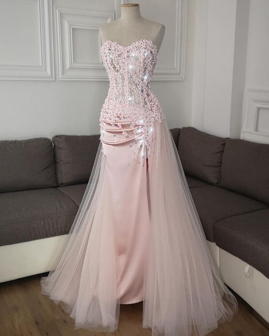 Elegant Mermaid Sweetheart Pink Tulle Satin Long Floor Length Prom Dress Inspiration Prom Dresses B98