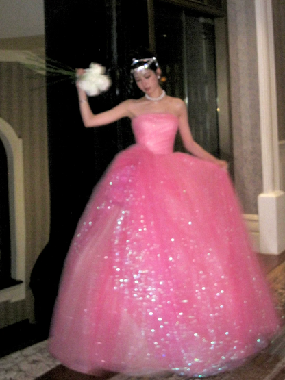 Sparkly Ball Gown Strapless Pink Sequin Long Quinceanera Dress Birthday Luxury Sweet 15 16 Birthday Outfits N074