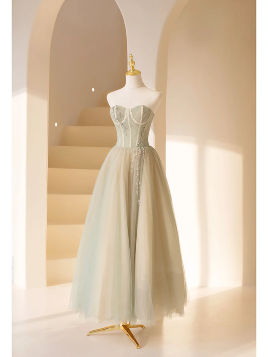 Charming Ball Gown Strapless Light Green Tulle Long Prom Dresses Impress 20th Birthday Outfits Prom Gown AB909