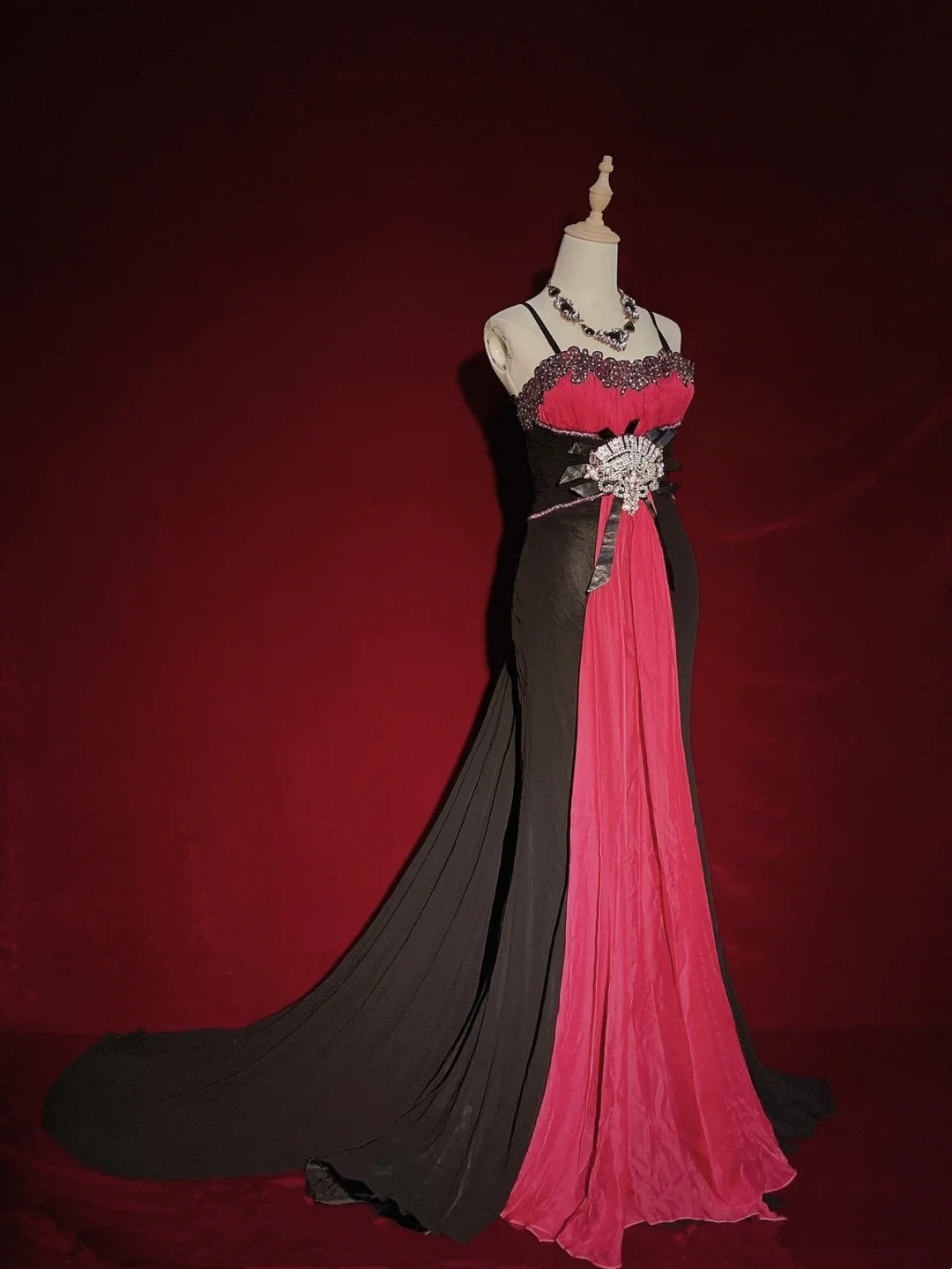 Beautiful Prom Dresses Mermaid Spaghetti Strap Pink Black Chiffon With Beads Long Evening Outfits N3396