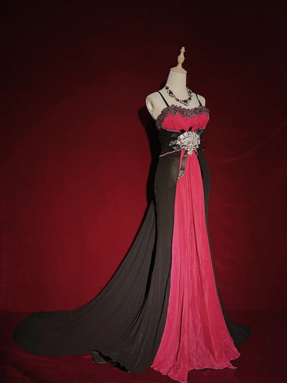 Beautiful Prom Dresses Mermaid Spaghetti Strap Pink Black Chiffon With Beads Long Evening Outfits N3396