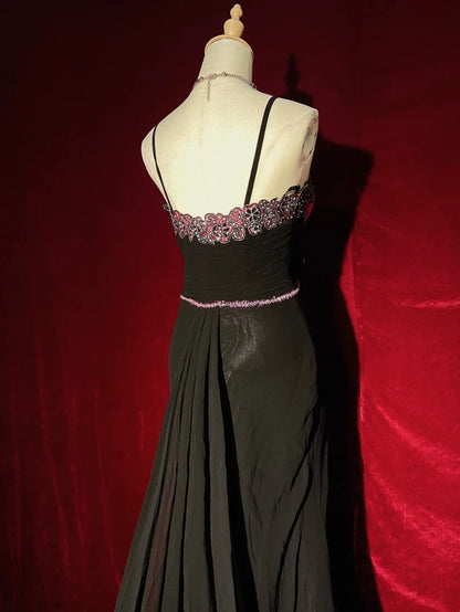 Beautiful Prom Dresses Mermaid Spaghetti Strap Pink Black Chiffon With Beads Long Evening Outfits N3396