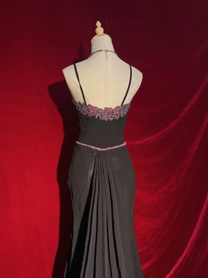 Beautiful Prom Dresses Mermaid Spaghetti Strap Pink Black Chiffon With Beads Long Evening Outfits N3396