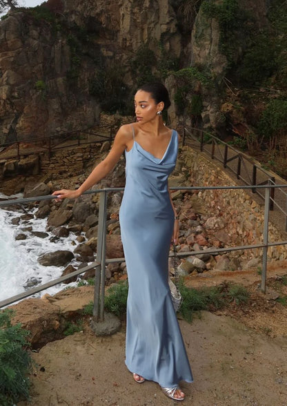Simple Sheath Blue Backless Satin Long Prom Formal Dresses N2495