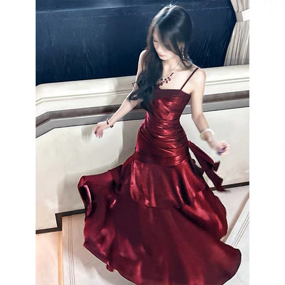Stunning Mermaid Spaghetti Straps Burgundy Satin Long Prom Dresses Inspiration Prom Gowns RB1331